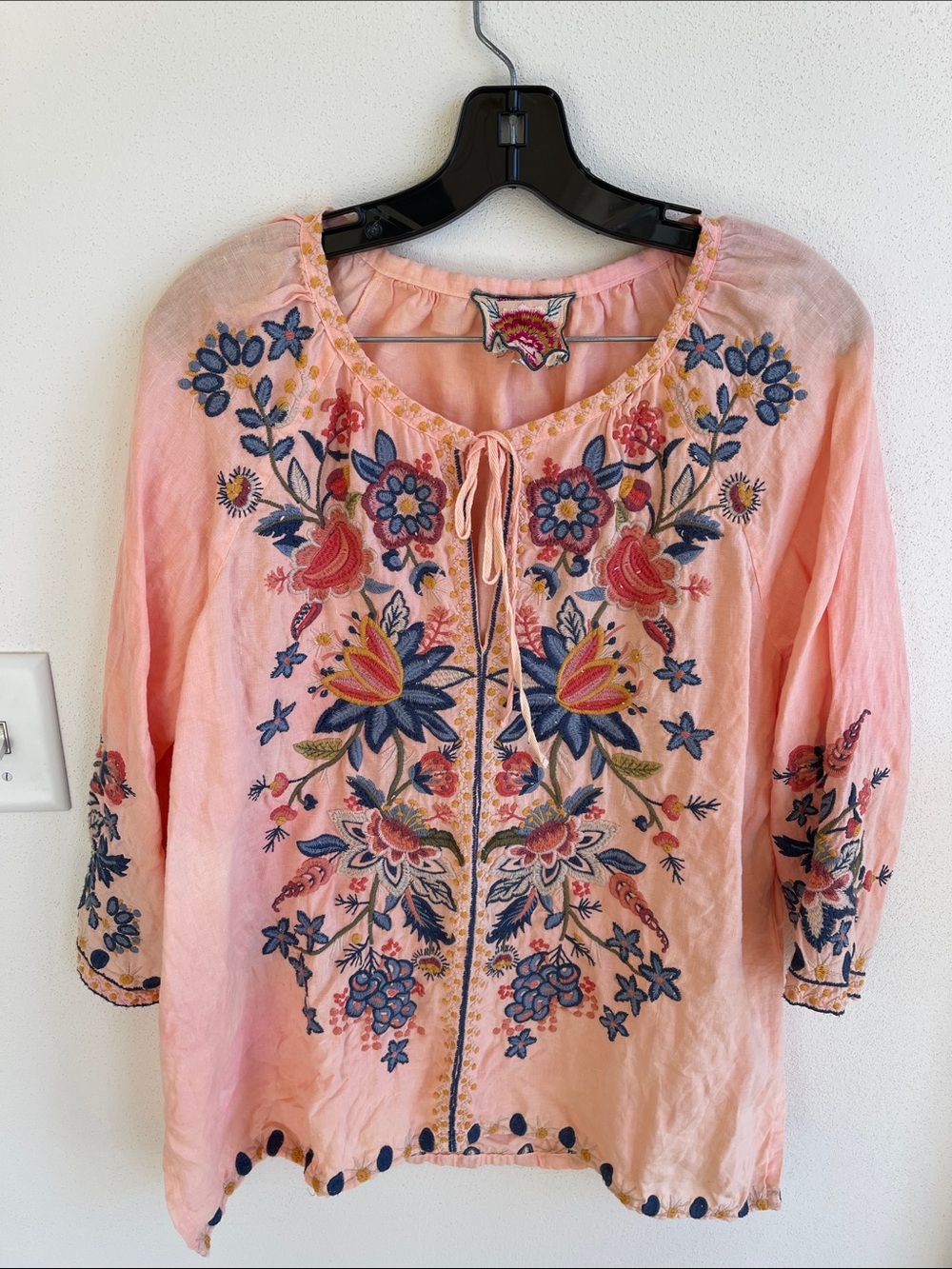 Johnny was Embroidered Pink Floral Peasant Top - Women's